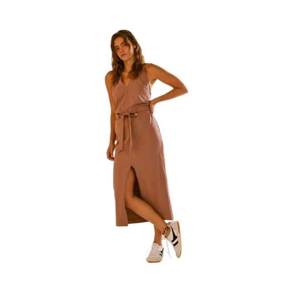 FP Beach Halter Maxi Dress – Boho Backless V-Neck in Rose & Cocoa | M